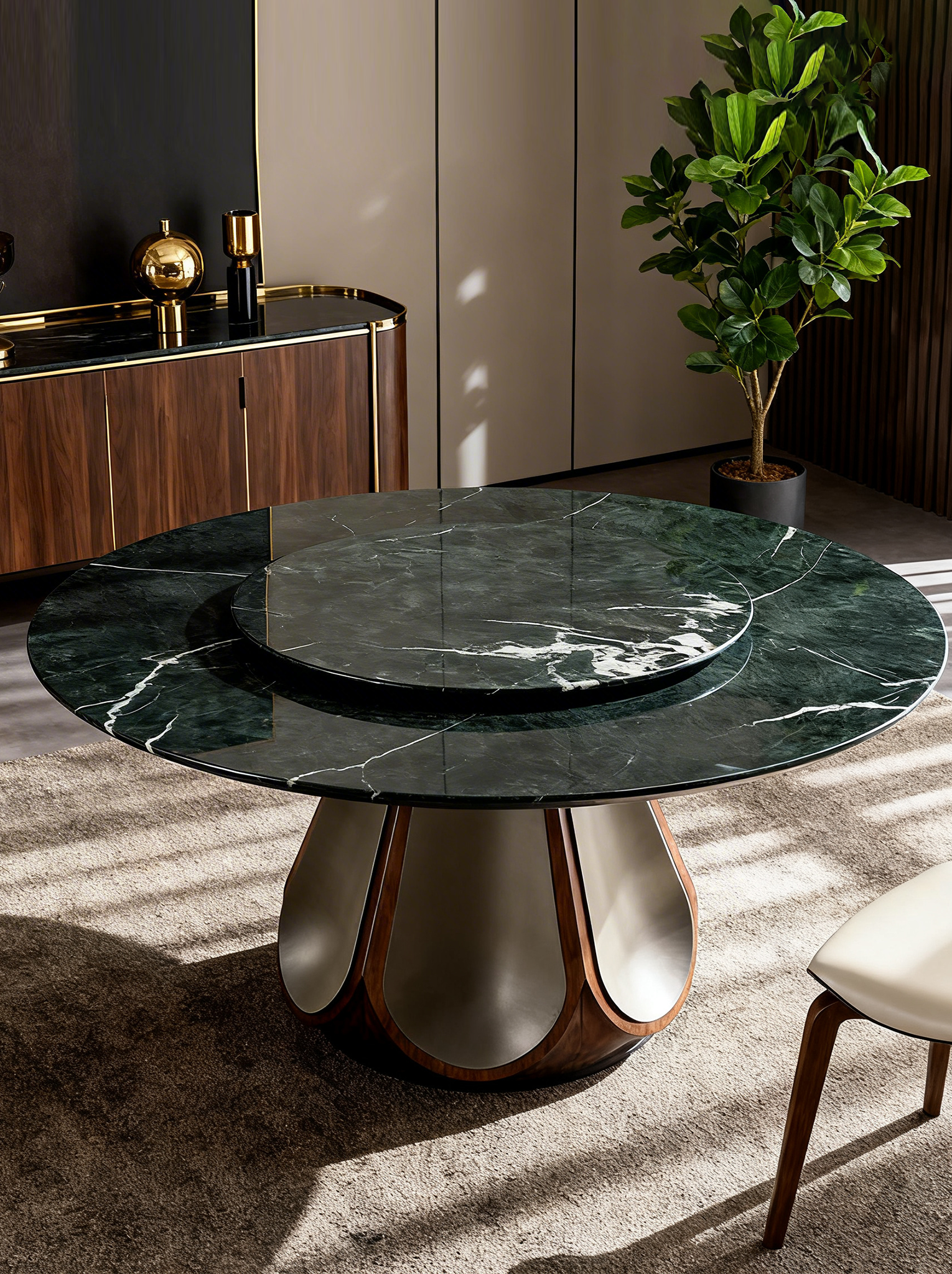 ODETTE Solid Catalpa Wood & Saddle Leather Round Dining Table with Marble Turntable