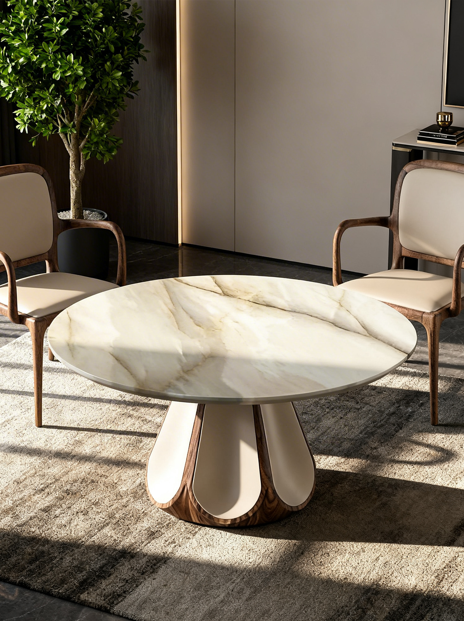 ODETTE Solid Catalpa Wood & Saddle Leather Round Dining Table with Marble Turntable