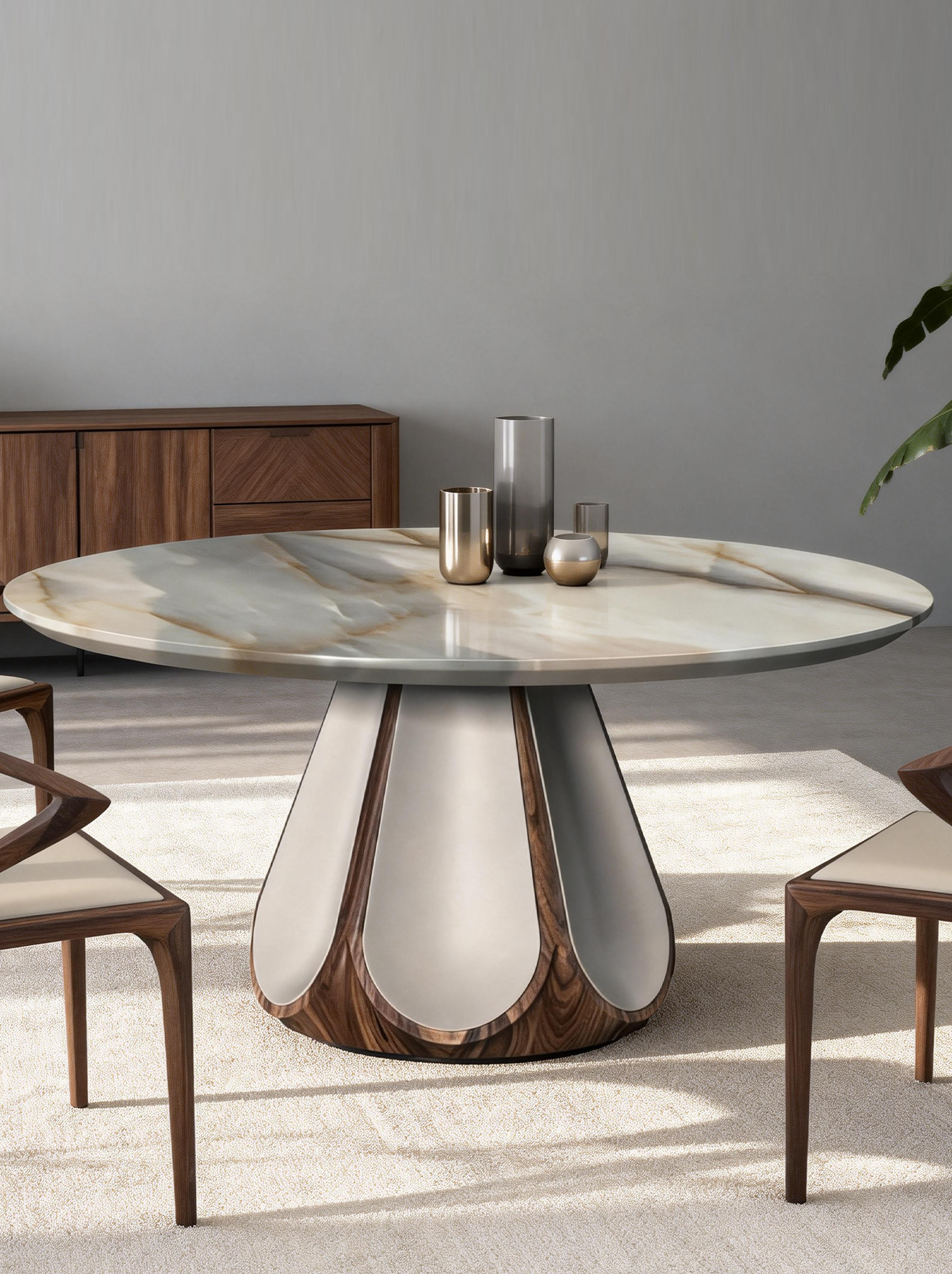 ODETTE Solid Catalpa Wood & Saddle Leather Round Dining Table with Marble Turntable