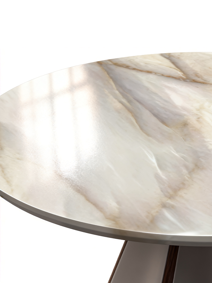 ODETTE Solid Catalpa Wood & Saddle Leather Round Dining Table with Marble Turntable