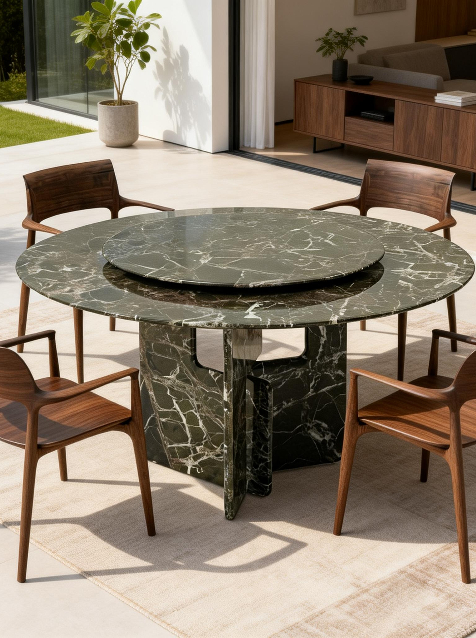 BRERA Prato Green Marble Round Dining Table with Lazy Susan