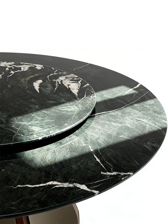ODETTE Solid Catalpa Wood & Saddle Leather Round Dining Table with Marble Turntable