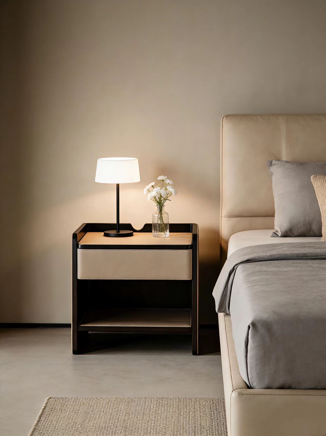 MIST Smoked Wood & Saddle Leather Bedside Table