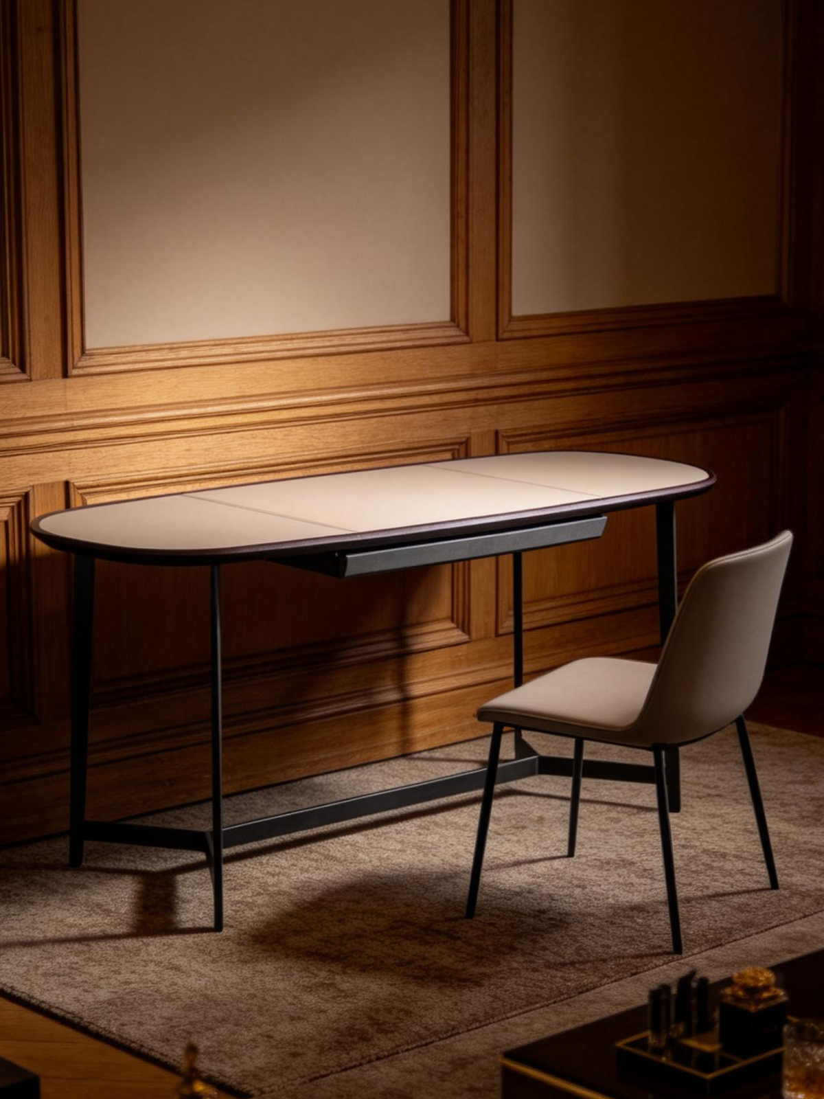 LINEA Faux Leather Desk with Smoked Wood Veneer
