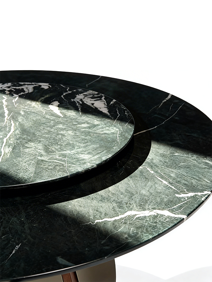 ODETTE Solid Catalpa Wood & Saddle Leather Round Dining Table with Marble Turntable