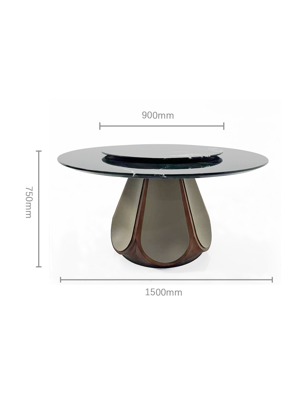 ODETTE Solid Catalpa Wood & Saddle Leather Round Dining Table with Marble Turntable