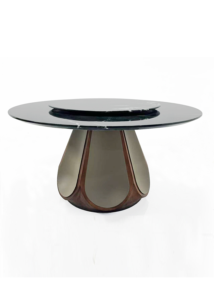 ODETTE Solid Catalpa Wood & Saddle Leather Round Dining Table with Marble Turntable