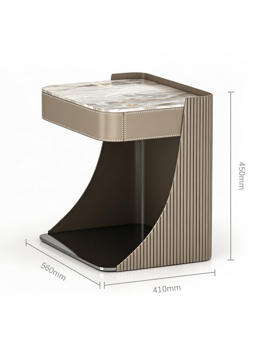 LUMI Marble Top Bedside Table with Gloss Metal Lacquer and Saddle Leather